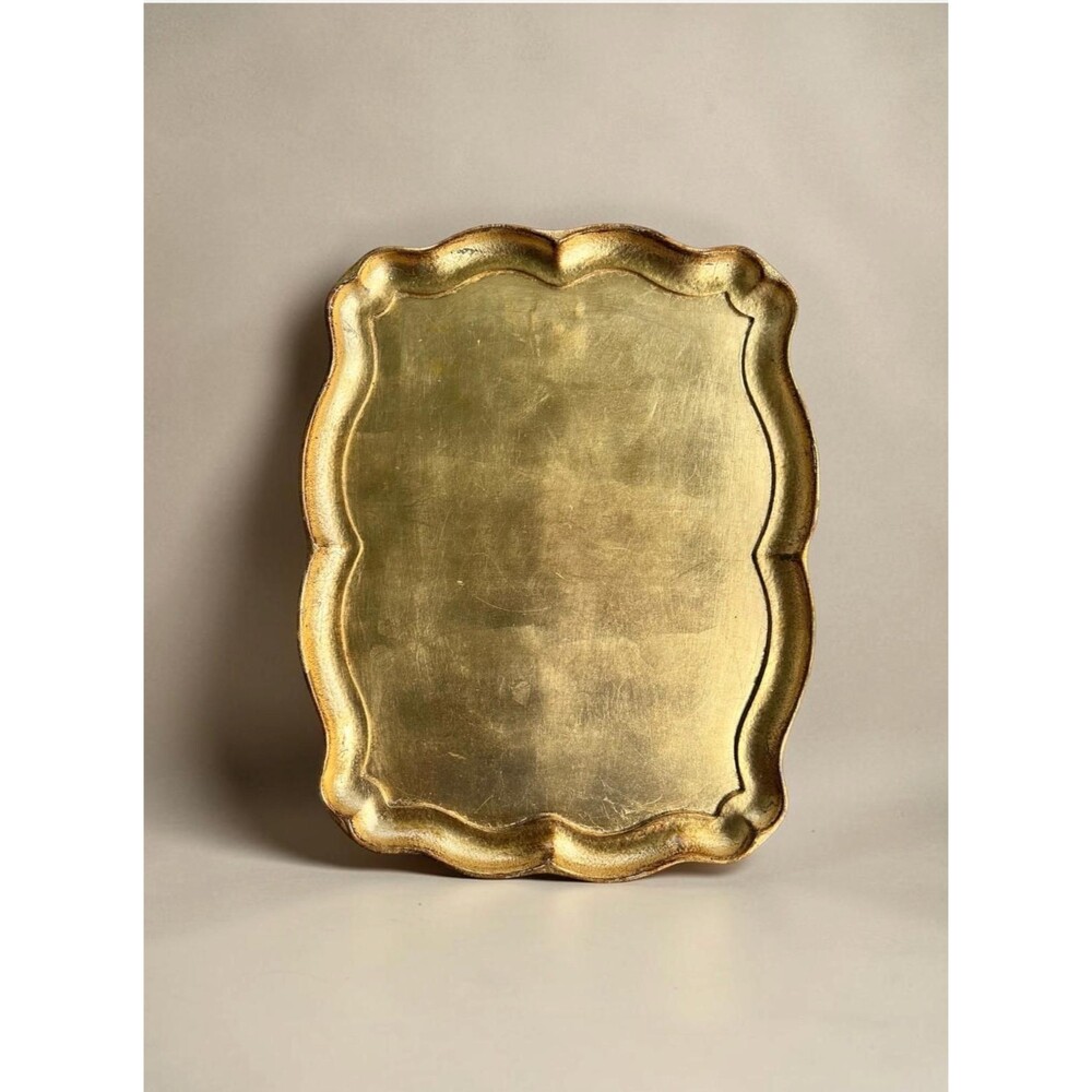 Vtg Sezzatini Italian Florentine Gold Gilt Wooden Tray Hand Painted Scalloped